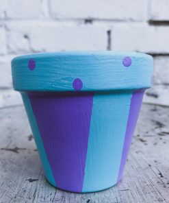 Artisanal Teal & Purple Plant Pot with Polka Dots and Stripes